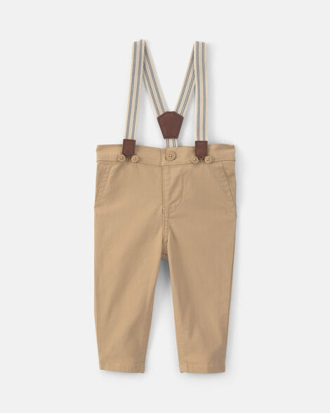 Baby Boy Twill Suspender Pants - Khaki