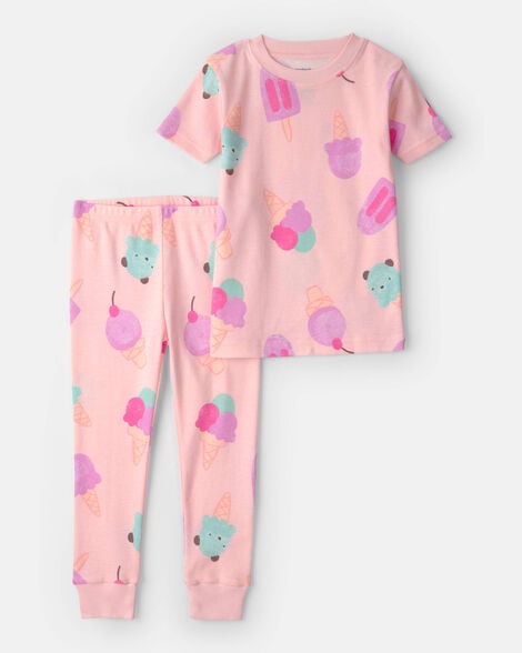 toddler girl ice cream 100% cotton short-sleeve snug fit 2-piece pajama set - pink