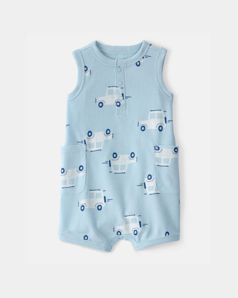 baby boy car waffle-knit sleeveless romper - blue