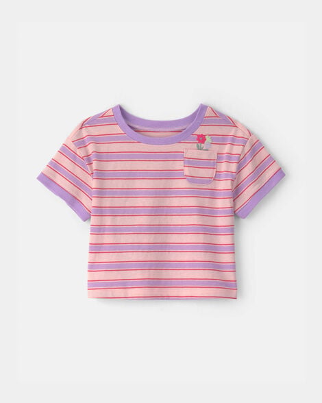 baby girl flower striped short-sleeve top - pink/purple