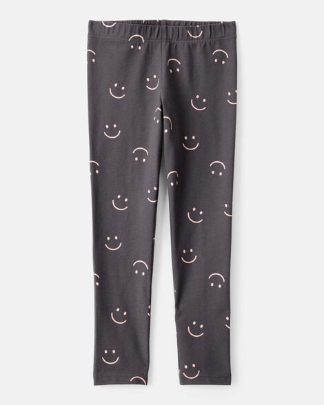 girls smiley face print cotton pull-on stretch leggings - black