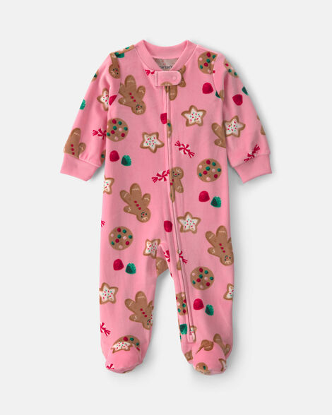 baby girl christmas gingerbread 2-way zip dreamplush sleep & play pajamas - pink