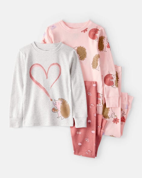 toddler girl hedgehog print cotton long-sleeve 4-piece pajamas - pink/orange