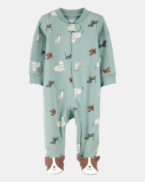 baby boy dog print 2-way zip cotton sleep & play pajamas - green