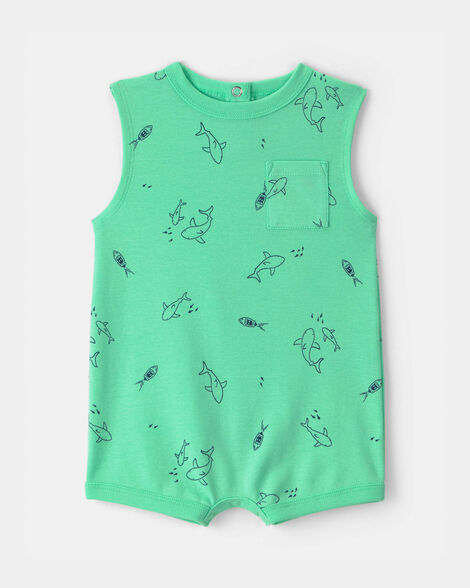 baby boy shark sleeveless romper - green