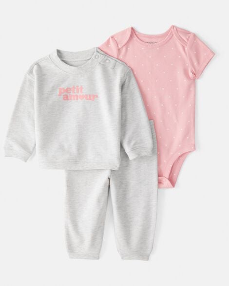 baby girl 3-piece 'petit amour' polka dot cardigan outfit set - pink