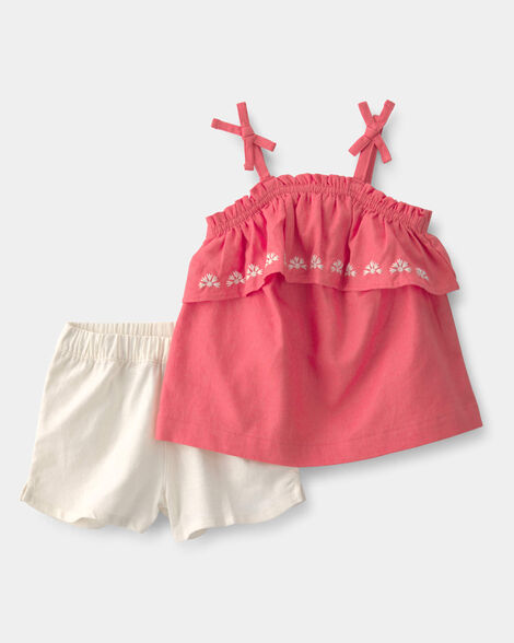 baby girl 2-piece linen sleeveless top & short set - coral/ivory