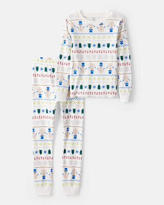 Kid Christmas Tree Print Waffle Knit Pajamas Made with Organic Cotton