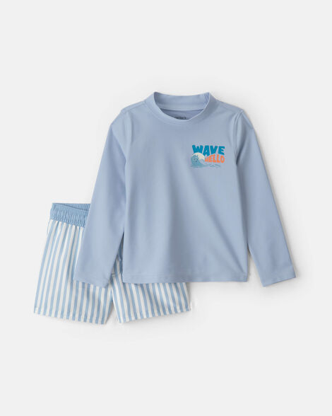 toddler boy 'wave hello' striped rashguard swimsuit set - blue