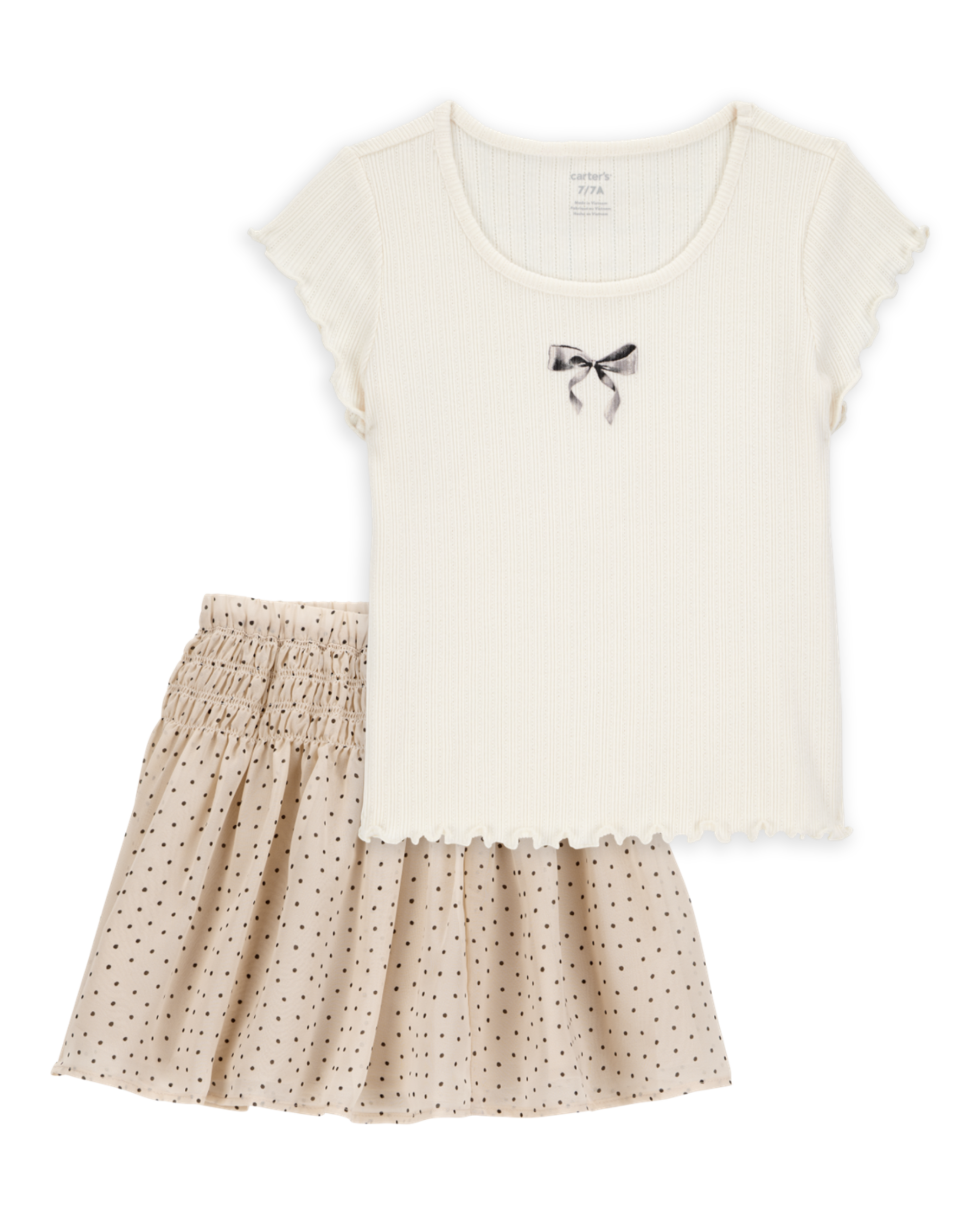Kid 2-Piece Butterfly Pointelle Tee & Polka Dot Chiffon Skirt Set - Tan/White