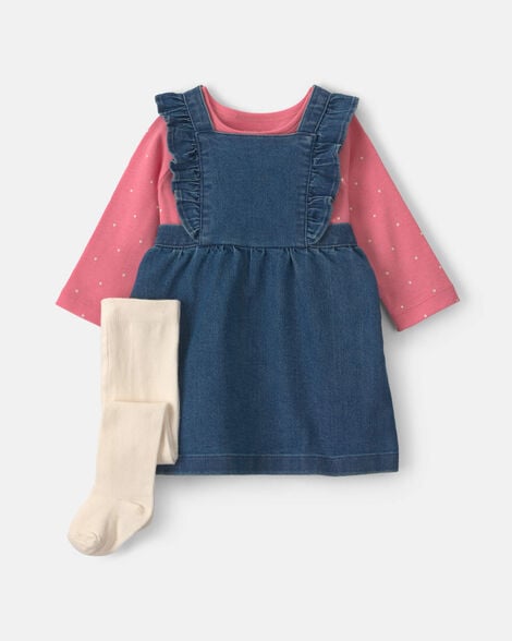 baby girl 3-piece polka dot chambray long-sleeve dress set - pink/indigo
