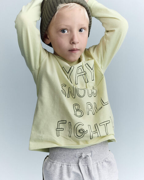 Toddler Snow Ball Fight!' Long-Sleeve Pocket Relaxed Graphic Tee - Lime