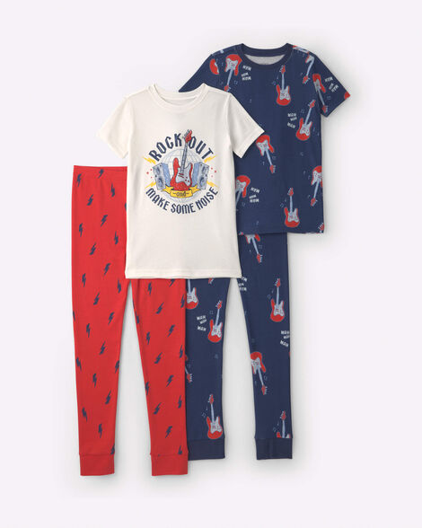boys 4-piece 'rock out make some noise' guitar cotton pajama set - red/blue