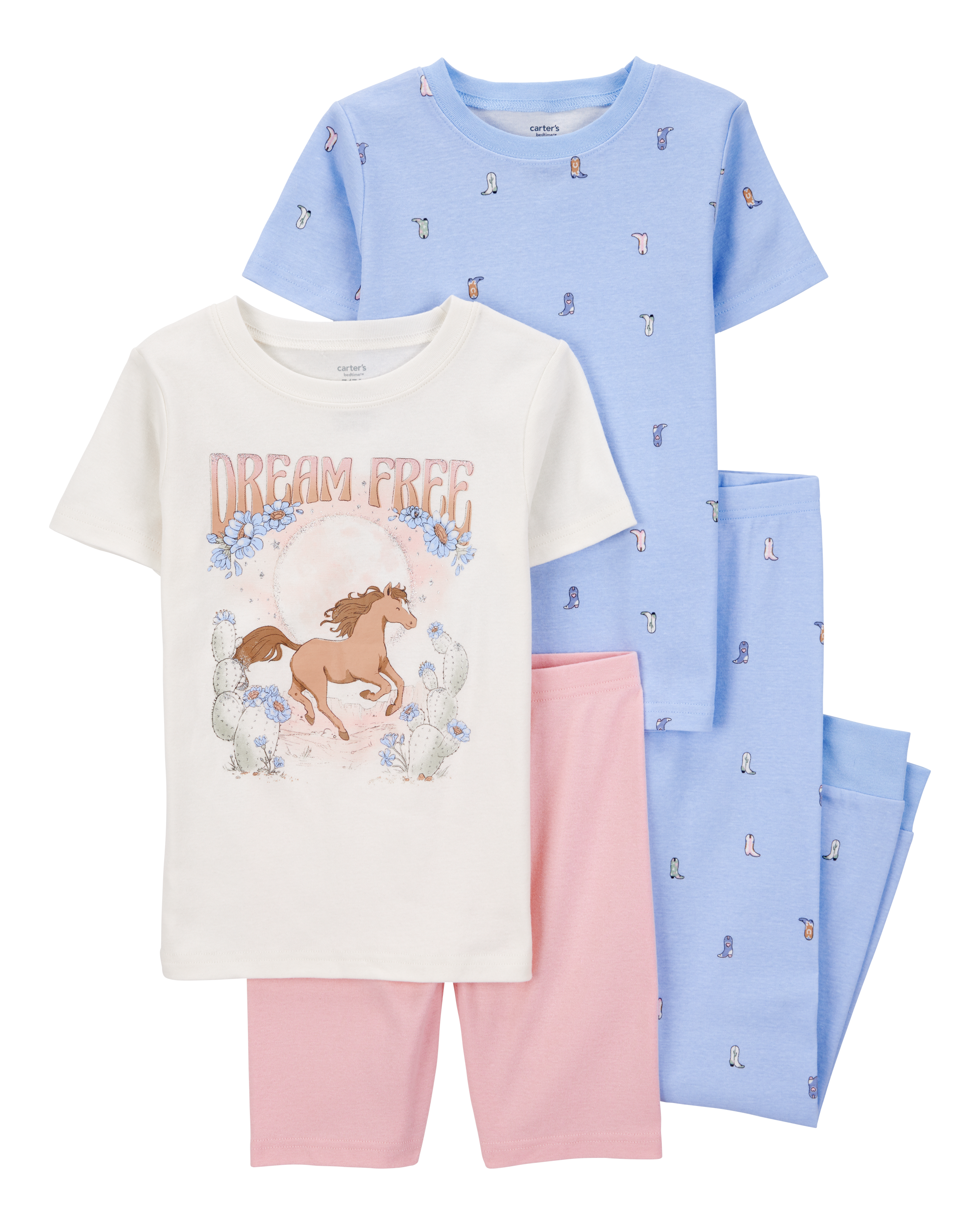 Girls 4-Piece Horse 100% Snug Fit Cotton Pajamas - Pink/Blue