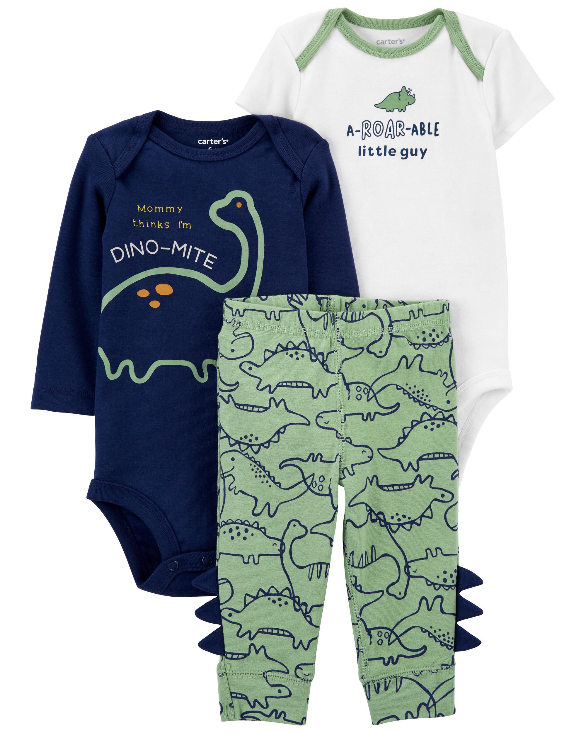 Carter's Baby Boys Bodysuit/Romper/Pant Dinosaur 3-Piece Set Grey/Green/Navy 