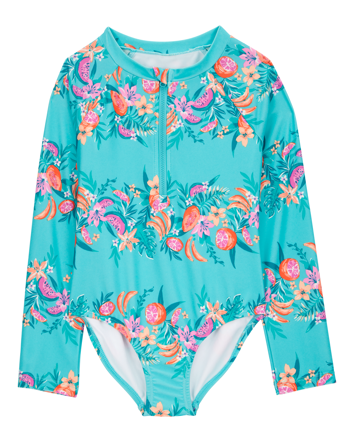 Girls 1-Piece Floral Print Rashguard Swimsuit - Turquoise