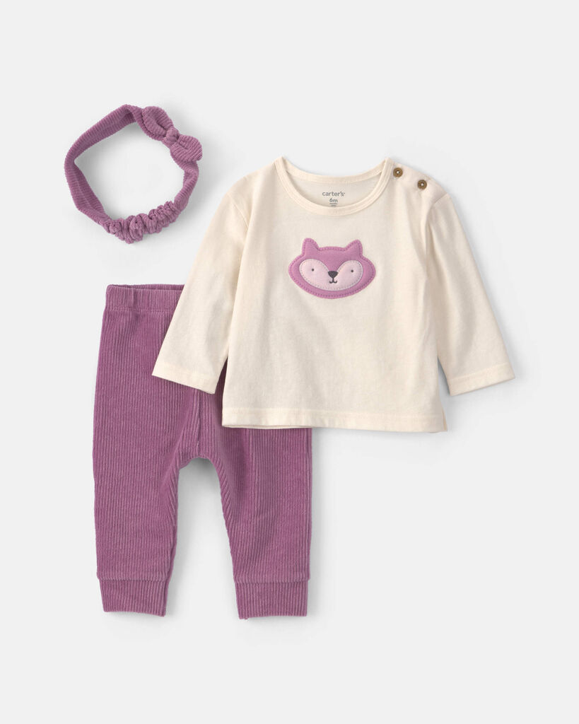 Carter's Baby Girls' Fox Long-Sleeve Top, Pants, and Headband, 3-Piece Set - Purple/Cream