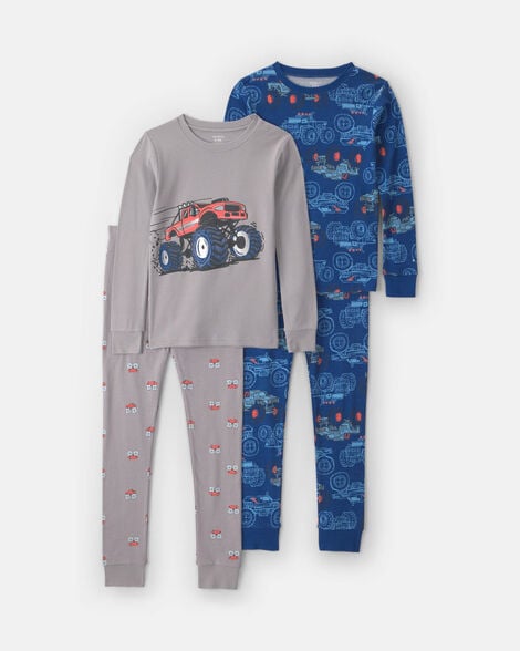 boys 4-piece monster truck 100% cotton snug fit pajama set - grey