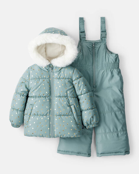 Toddler Girl 2-Piece Polka Dot Hooded Snowsuit Jacket & Bib Set - Green