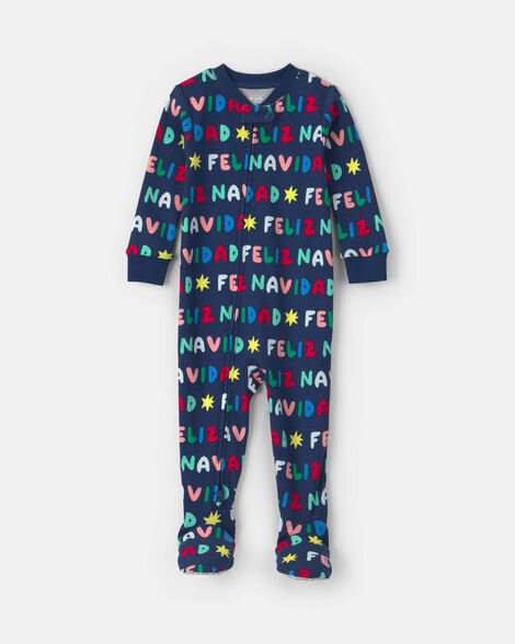 baby 1-piece 'feliz navidad' christmas 100% cotton snug fit footed pajama - navy blue