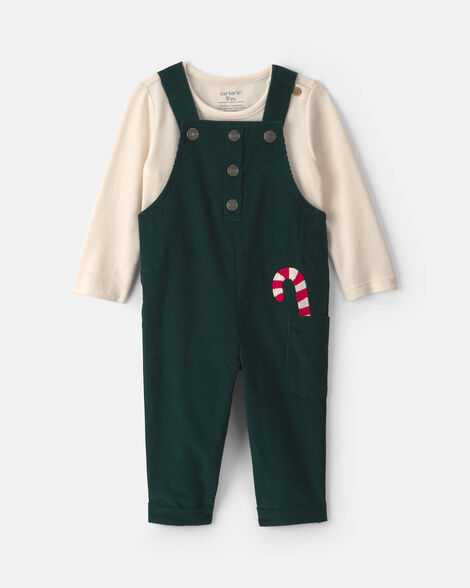 baby boy 2-piece candy cane corduroy long-sleeve overall set - green/cream