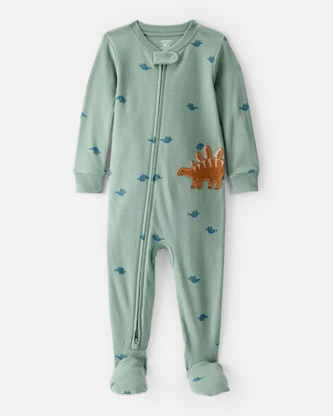 Product image 1 of Baby Boy Dinosaur Print 100% Cotton Long-Sleeve 2-Way Zip 1-Piece Pajamas - Green