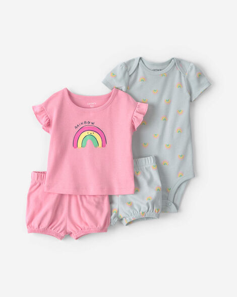 baby girl 4-piece rainbow top & short set - pink/grey