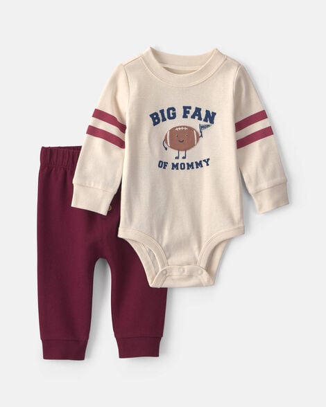 baby boy 2-piece 'big fan of mommy' football long-sleeve bodysuit & pant set - red/cream