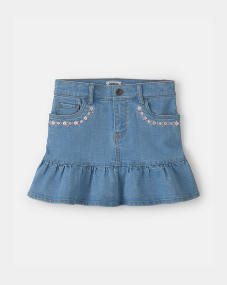 Girls Floral Denim Ruffle Skirt - Medium Wash