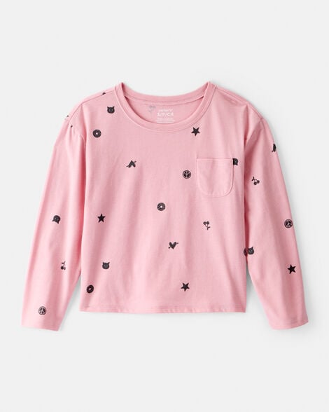 girls icon print long-sleeve top - pink