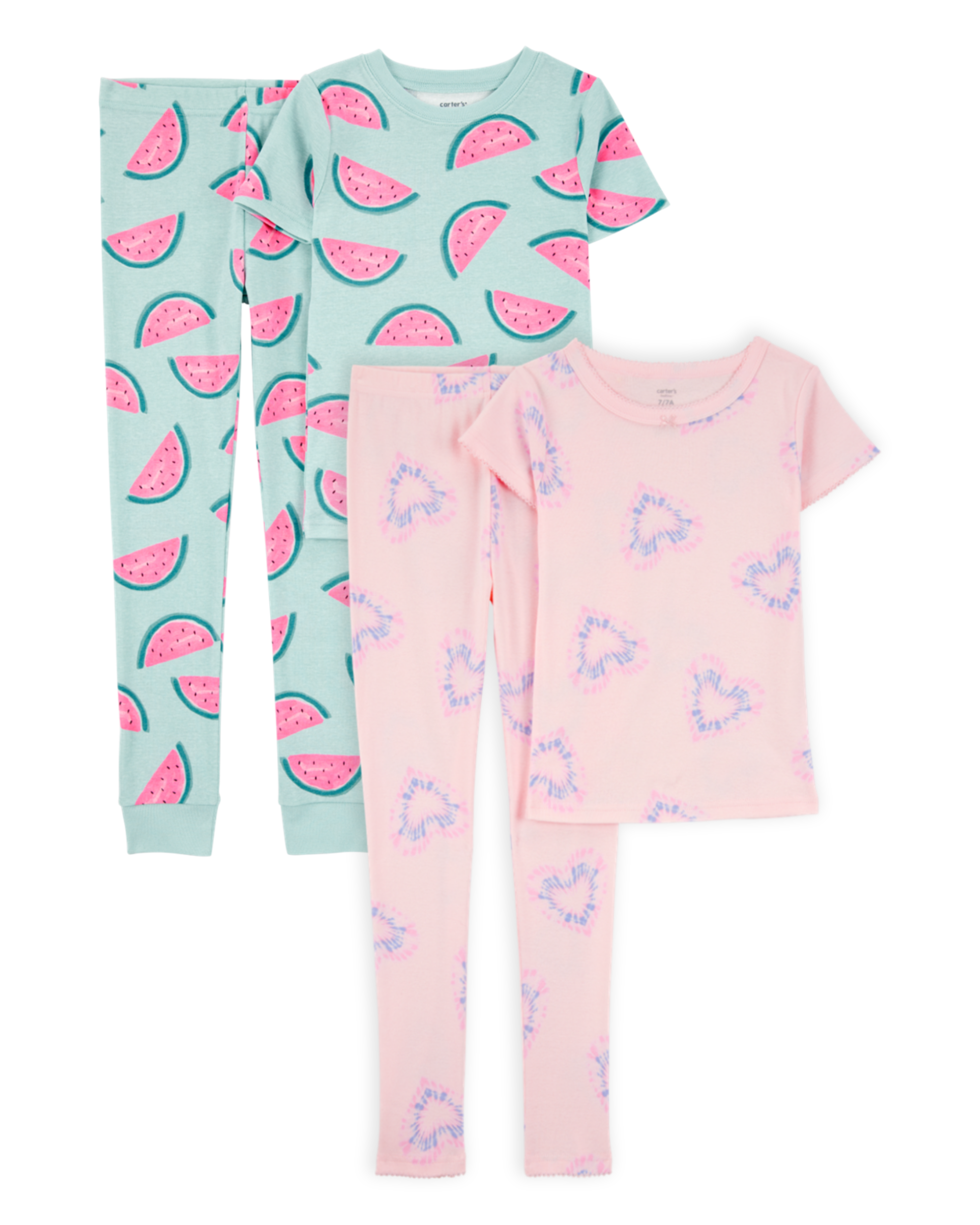 Kid 4-Piece Snug Fit 100% Cotton Pajamas - Pink/Turquoise