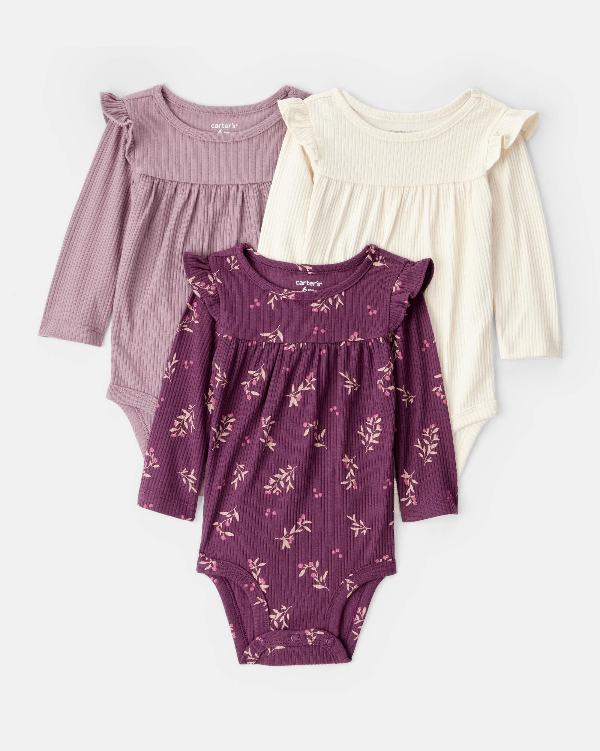 Baby Girl 3-Pack Long-Sleeve Multipack Bodysuits - White/Purple