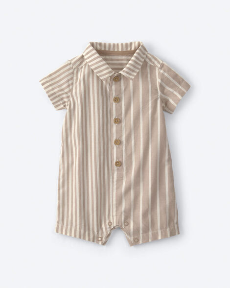 baby boy striped poplin short-sleeve romper - khaki