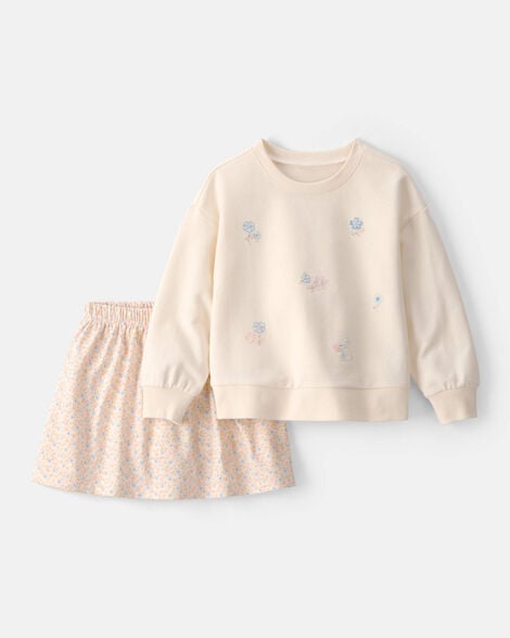 toddler girl 2-piece floral french terry top & skort set - cream