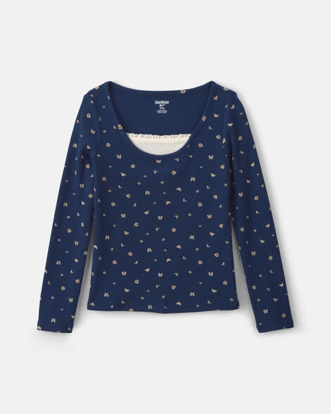 Girls Floral Long-Sleeve Top - Navy Blue