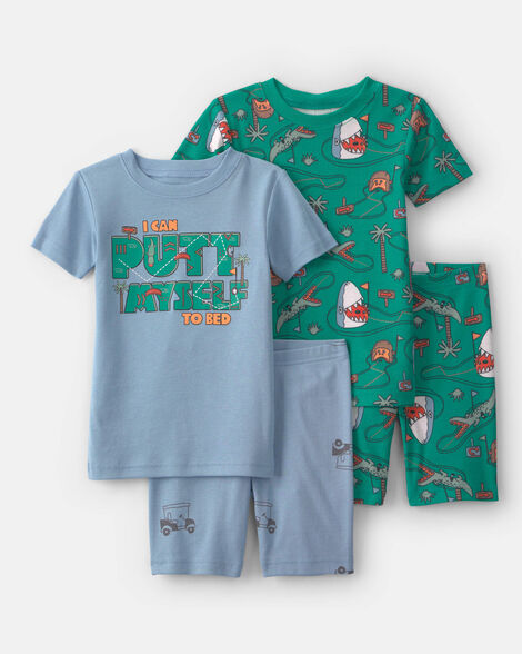 toddler boy shark golf 100% cotton short-sleeve snug fit 4-piece pajama set - blue/green