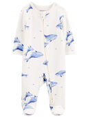 Ivory/Blue - Baby Whale Print Zip-Up PurelySoft Sleep & Play Pajamas, Selected