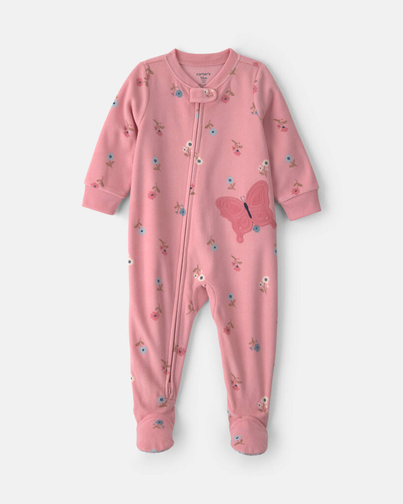 Carter's baby girl 1-piece butterfly 2-way zip fleece loose fit footed pajama 12M Pink