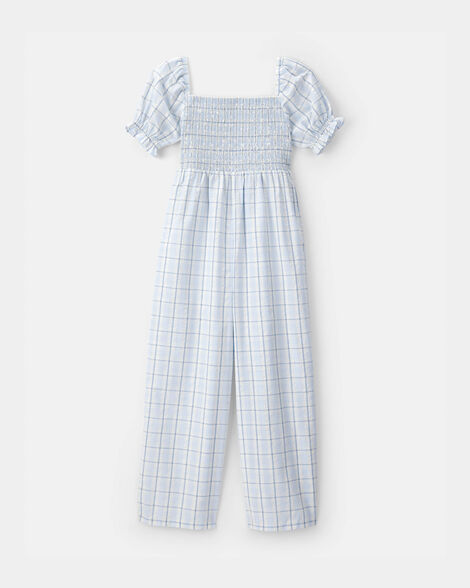 girls plaid smocked jumpsuit - blue