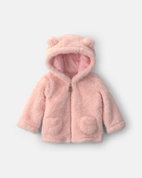baby girl bear teddy fleece zip-up hoodie - pink