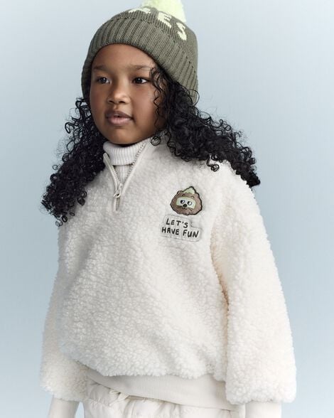 Toddler Let's Have Fun'  Sherpa Quarter-Zip Sweatshirt - Cream