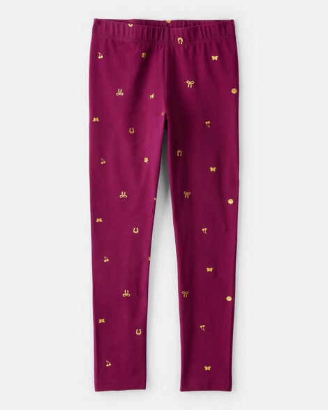 girls bow print pull-on stretch leggings - purple
