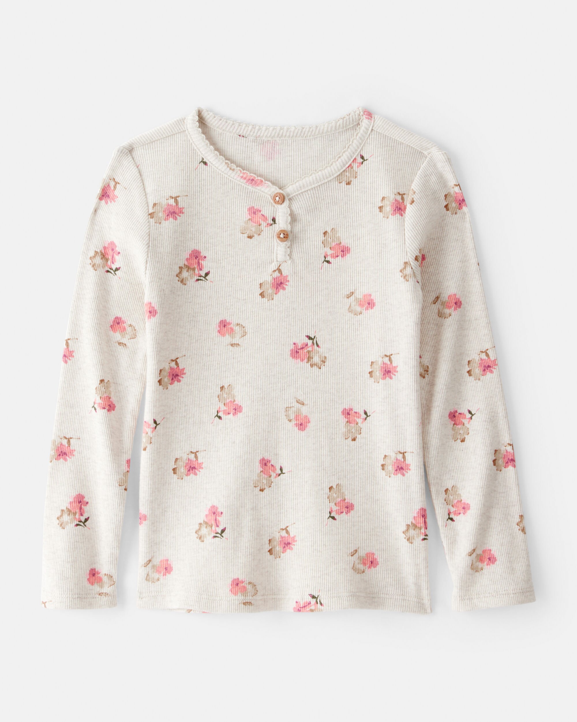 Toddler Girl Floral Print Cotton Long-Sleeve Henley Top - Cream