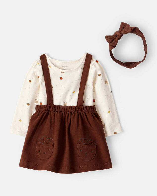 Product image 1 of Baby Girl 3-Piece Thanksgiving Print Dress Set - White/Brown