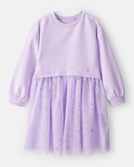 girls metallic heart long-sleeve tulle dress - purple