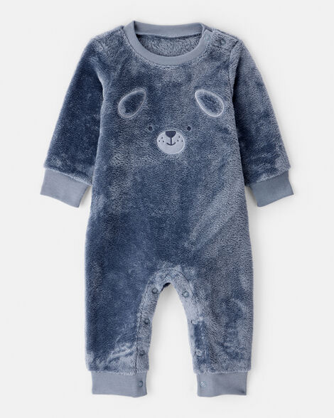baby boy dog velour long-sleeve snug fit jumpsuit - blue