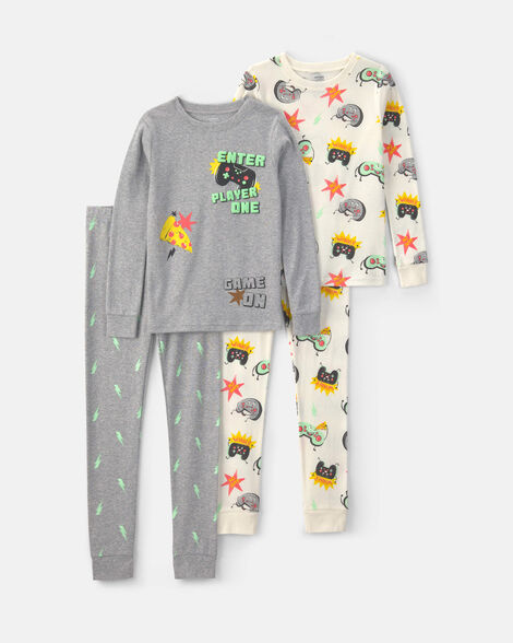 boys 4-piece gamer cotton snug fit pajama set - grey