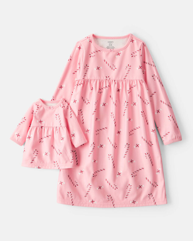 Product image 1 of Girls 2-Piece Candy Cane Print Fleece Long-Sleeve Loose Fit Night Gown - Pink