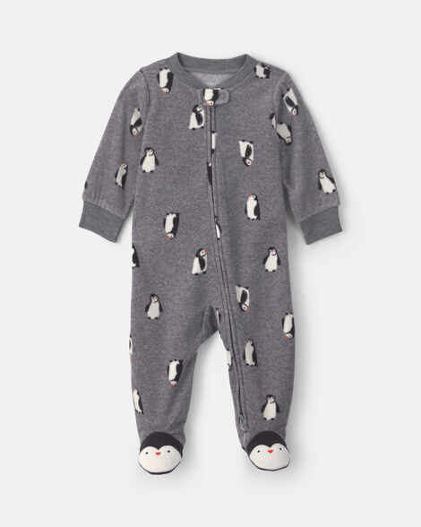 baby boy penguin fleece 2-way zip sleep & play pajamas - grey