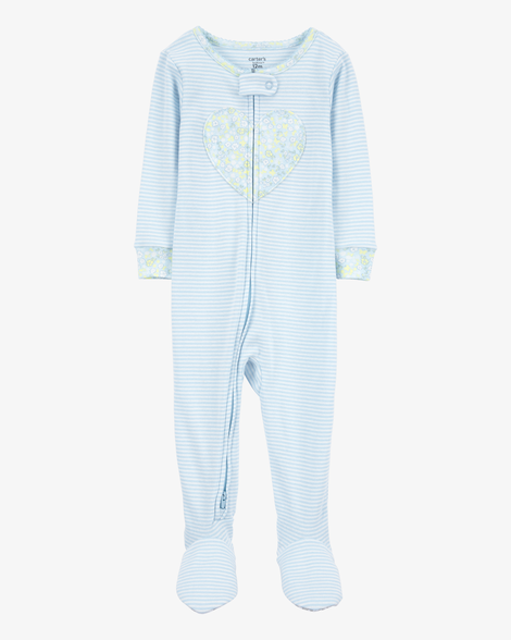baby girl heart striped snug fit cotton footie 1-piece pajamas - blue